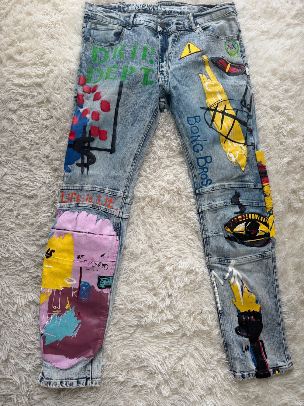 Reason Light Wash Skinny Jeans with Multicolor Painted Graphics